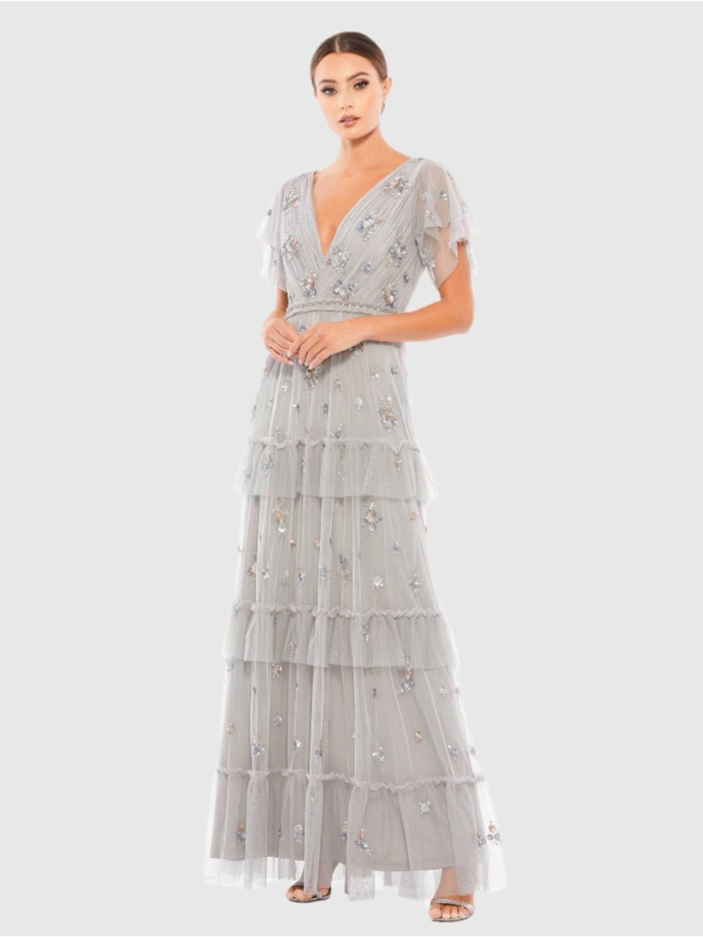 NEW MAC DUGGAL
Gray Ruffle Tiered Embellished Flutter Sleeve Gown Sz: 12 #9068